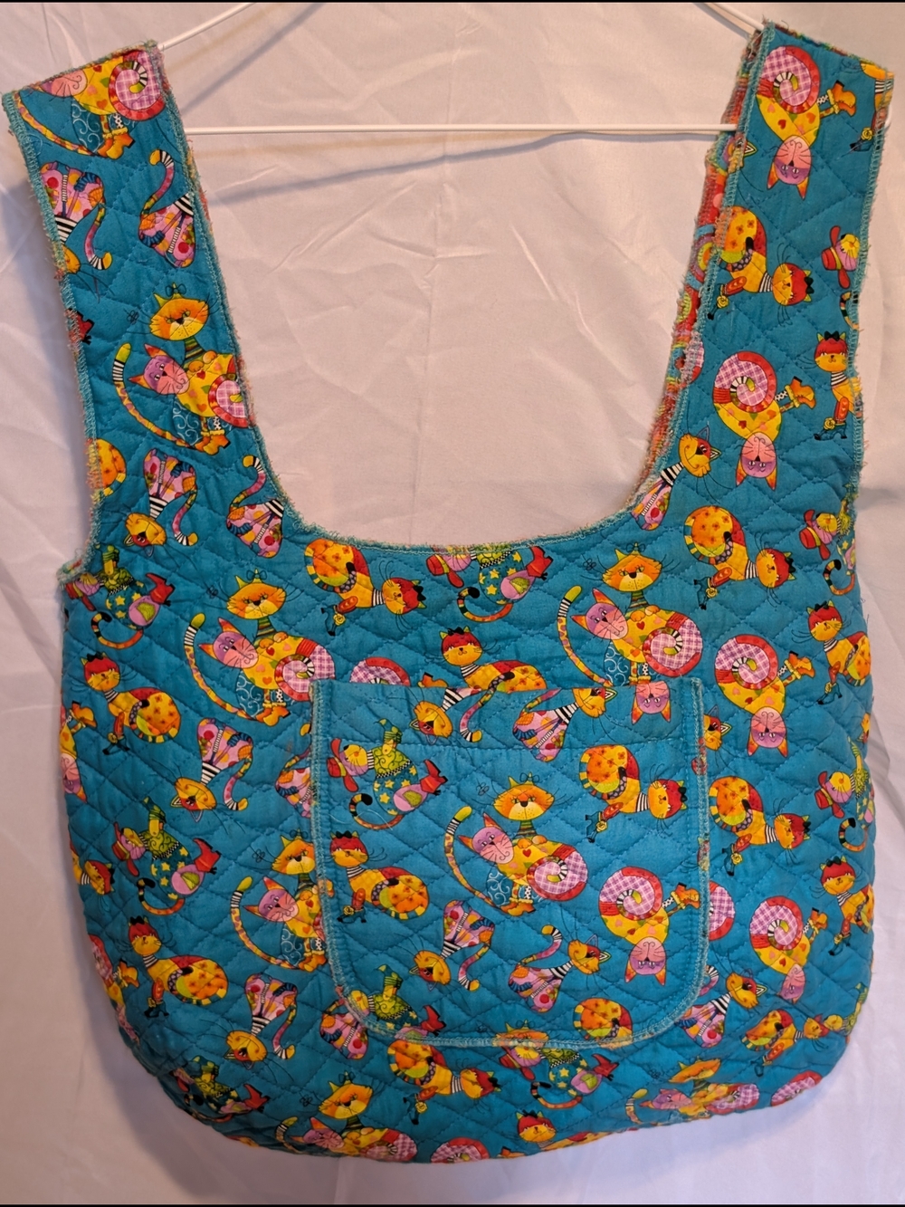 Handmade Quilted Teal Cat Print Shoulder Tote Bag